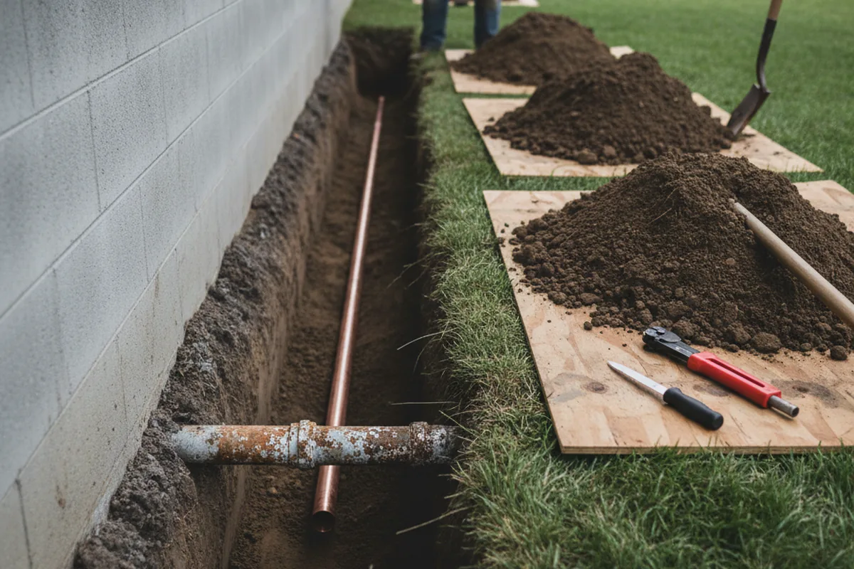 Excavated water line trench during Water Heater Repair in Marine